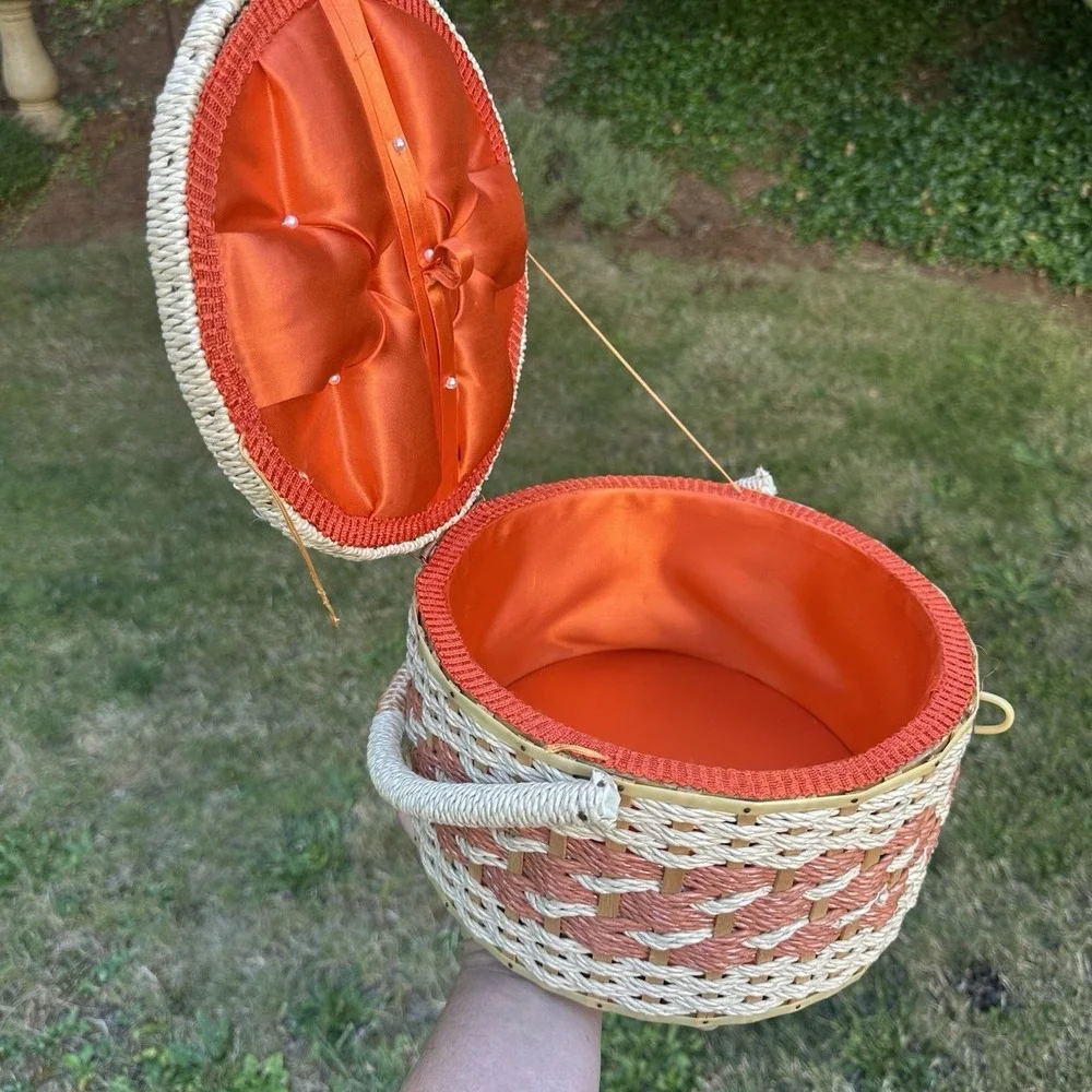 Vintage Wicker Sewing Basket Orange Satin Liner Japan Handle Woven Tapestry Lid
